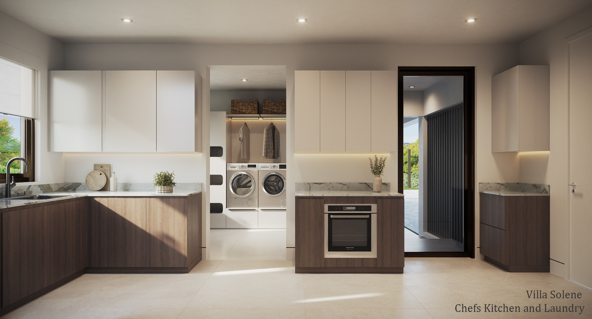 Interior 3D rendering of the Villa Solene chef's kitchen and laundry at Apes Hill, Barbados, showing dark timber lower cabinets with marble worktops and pale upper cabinets, an integrated oven, and an adjoining laundry with a side-by-side washer and dryer, a hanging rail, and a glazed door to the garden.