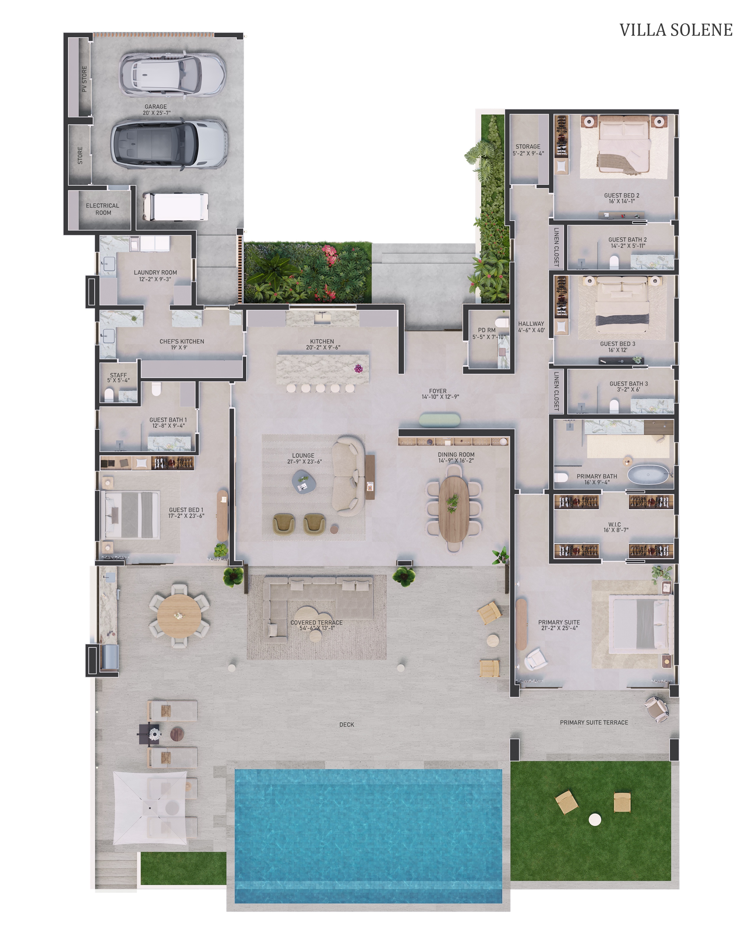 Color 2D floor plan of the single-story Villa Solene at Apes Hill, Barbados, showing the garage, laundry, chef's kitchen, kitchen, foyer, lounge and dining, three guest bedrooms, the primary suite, the covered terrace, and the pool deck.