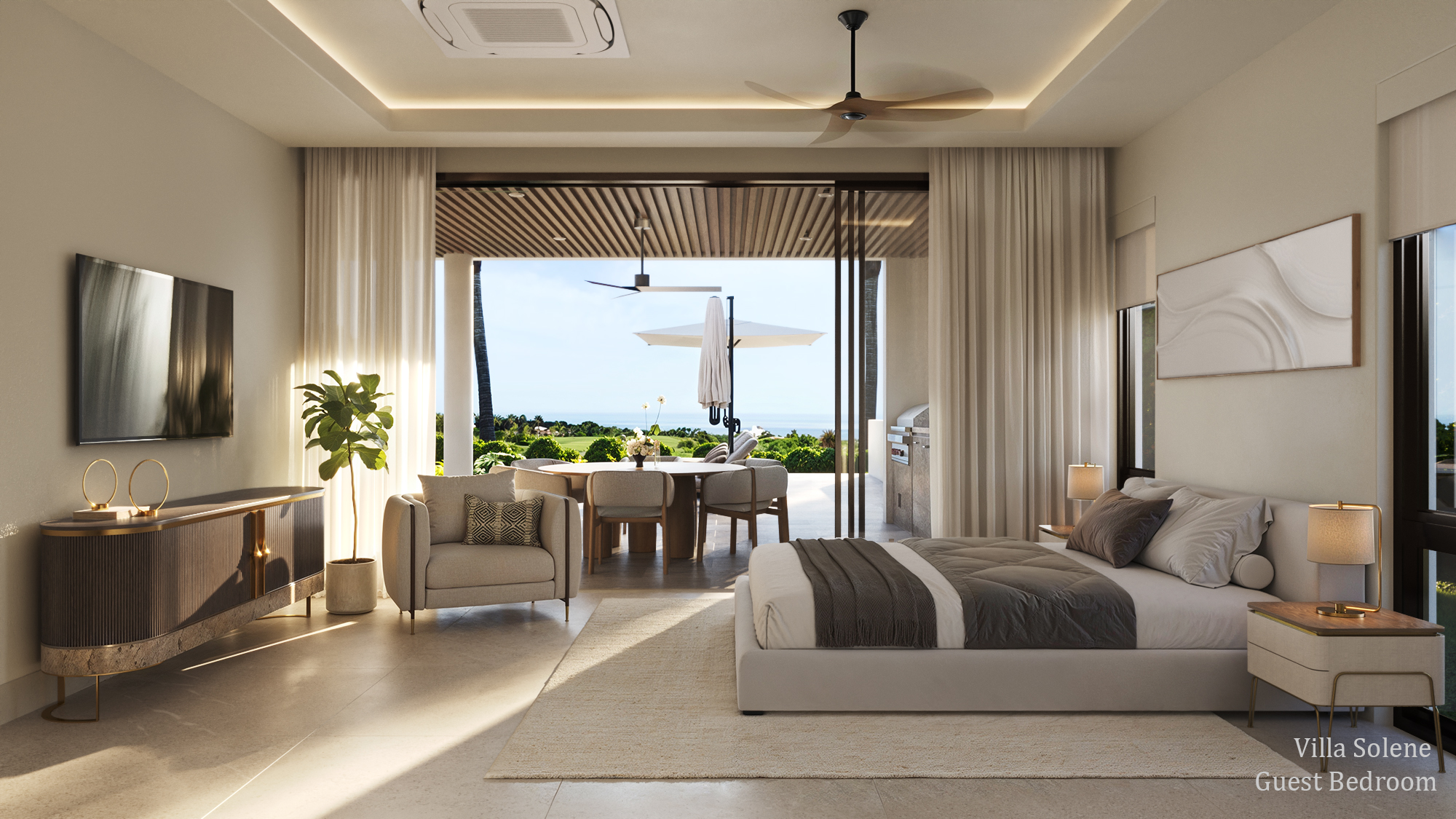 Interior 3D rendering of a Villa Solene guest bedroom at Apes Hill, Barbados, with an upholstered bed dressed in a grey runner, a wall-mounted television above a fluted console, an accent chair, and sliding glass doors opening onto a covered terrace with outdoor dining and a partial ocean and golf-course view through palms.