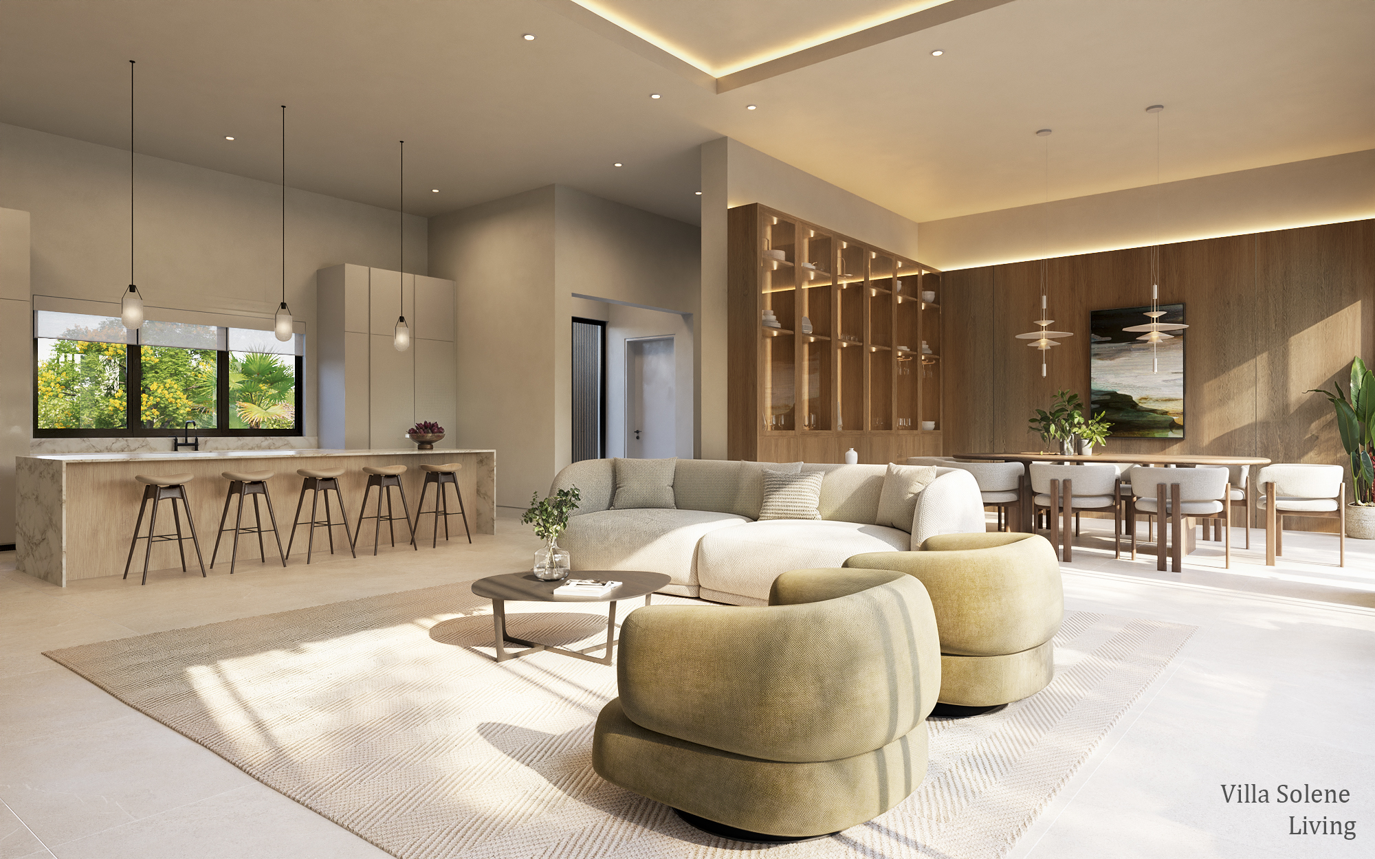 Interior 3D rendering of the Villa Solene open-plan living area at Apes Hill, Barbados, with a cove-lit ceiling, a veined-marble breakfast bar and stools to one side, a curved cream sofa paired with olive-green swivel chairs on a textured rug, glass-front timber display cabinetry, and a dining area beyond.