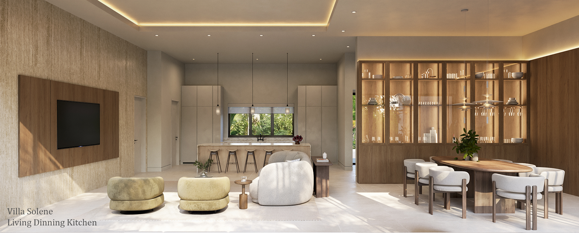 Interior 3D rendering of the Villa Solene living, dining and kitchen space at Apes Hill, Barbados, with a wall-mounted television on a timber-panel wall, a marble island with bar stools, olive-green lounge chairs and a boucle lounge chair, an oval timber dining table with upholstered chairs, and a tall glass-front display cabinet.