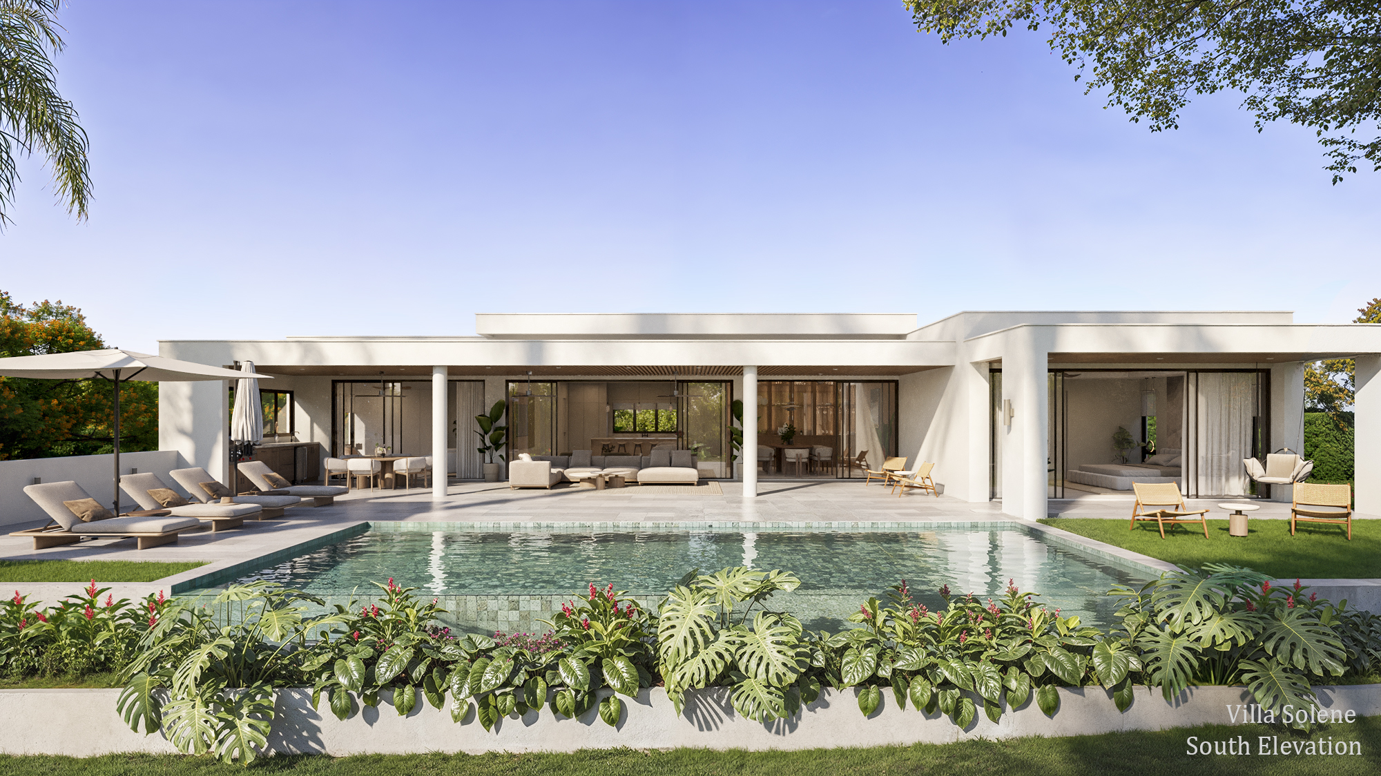 Rear 3D rendering of Villa Solene at Apes Hill, Barbados, showing the white single-story south elevation with a covered living terrace under deep eaves, a pool deck with sun loungers, and a swimming pool, oriented to the real golf course and ocean view.