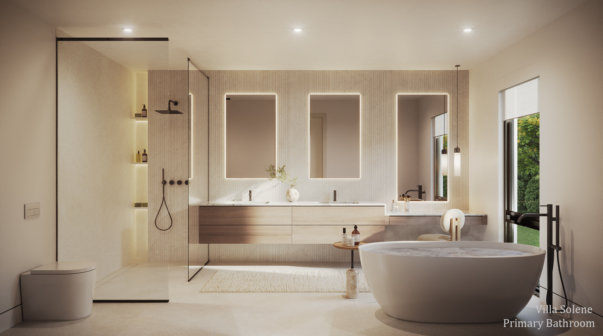 Interior 3D rendering of the Villa Solene primary bathroom at Apes Hill, Barbados, featuring a glass-screened walk-in shower with a fluted stone wall and recessed niches, a double floating timber vanity under backlit mirrors, and a freestanding tub by a garden window.