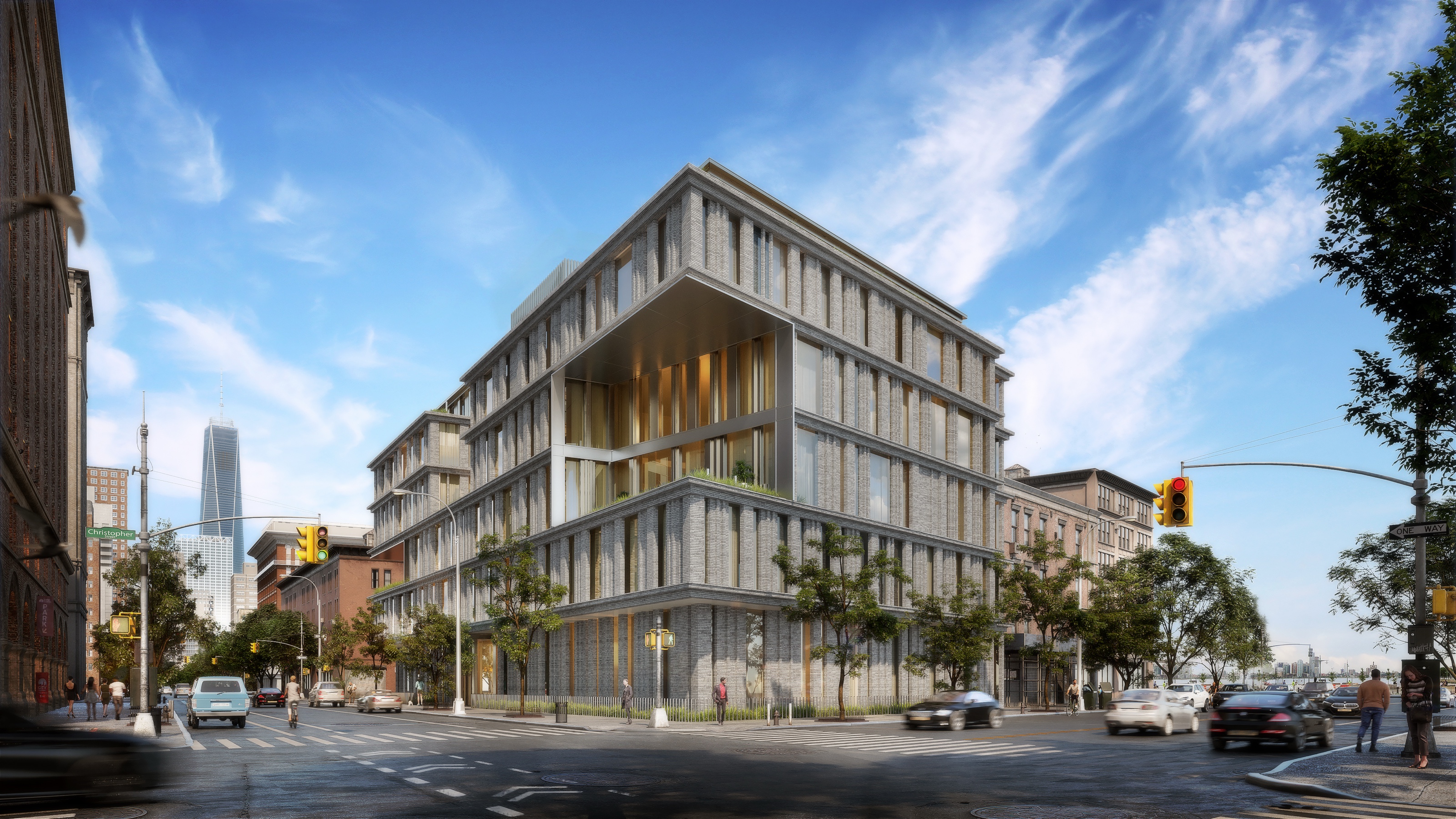 Daytime 3D rendering of a concept for a six-story brick residential building on a West Village corner, its facade carved into planted terraces, with One World Trade Center beyond.