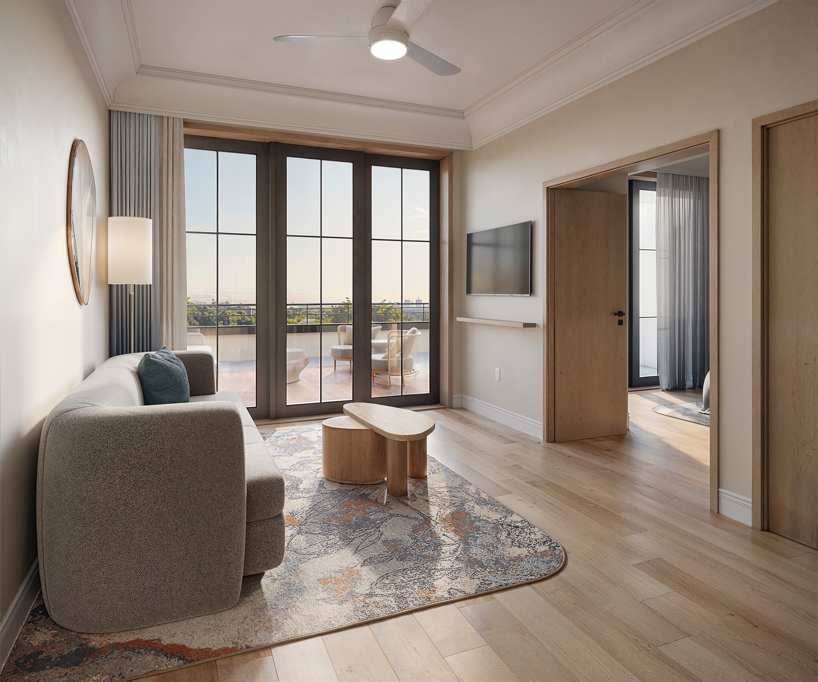 3D interior rendering of a Westin Vacation Club one-bedroom suite living room in Charleston, with a curved boucle sofa, a sculptural timber coffee table, a wall-mounted television, and French doors to a balcony with a city view.