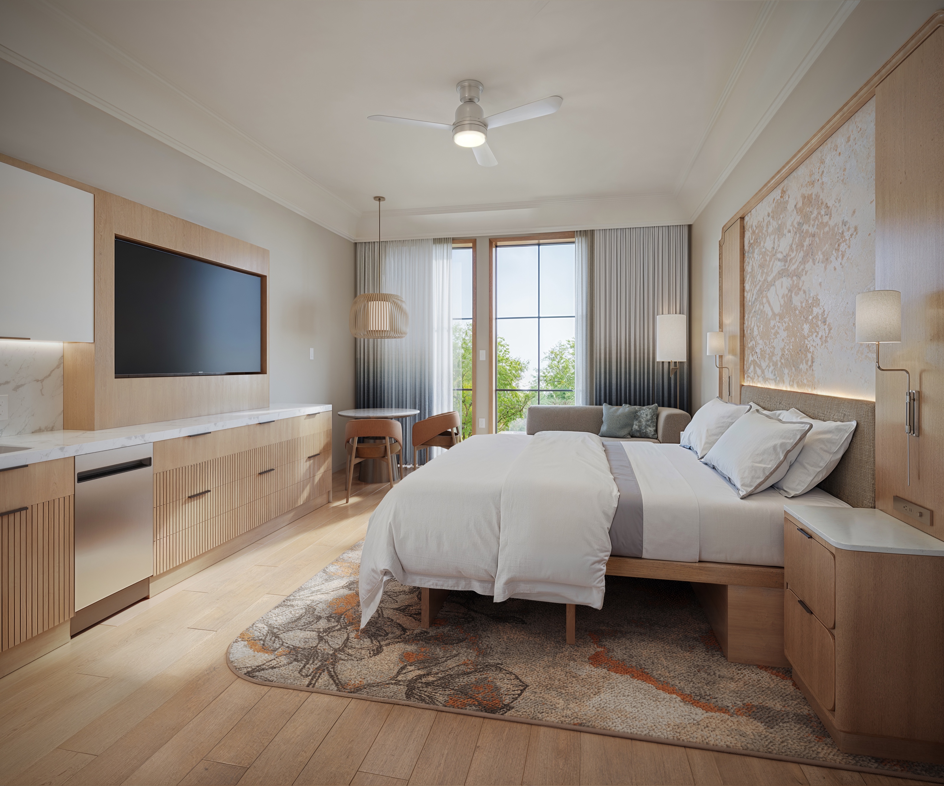 3D interior rendering of a Westin Vacation Club studio suite in Charleston, with a king bed beneath a botanical art panel, a kitchenette with quartz counters and under-counter appliances, a ceiling fan, a compact dining table, and sheer-draped doors to a balcony.