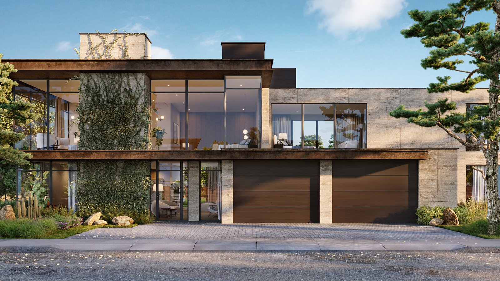 3D rendering of a modern, two-story residential home with large glass windows, a concrete facade, and three garage doors. The exterior features natural textures, minimal landscaping, and realistic lighting, showcasing architectural design in a photorealistic style.