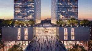 3D architectural exterior rendering of two modern glass towers connected by an urban plaza at sunset