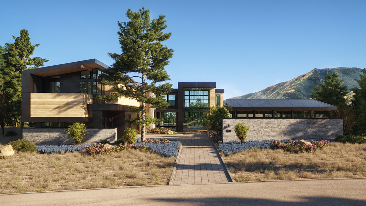 3D rendering of a large house in the Lake Tahoe area, featuring a rustic yet modern design with expansive windows, multiple balconies, and outdoor living spaces, all surrounded by stunning mountain and lake views.