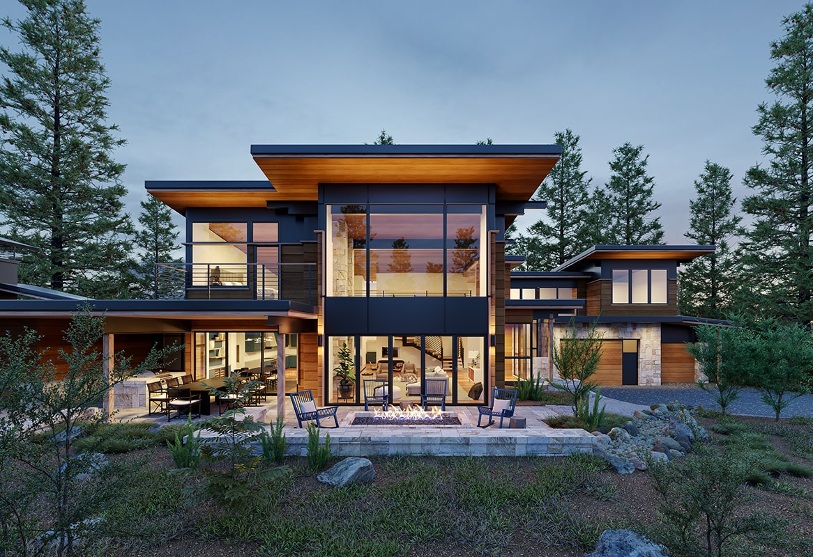 a house with a fire pit in front of it