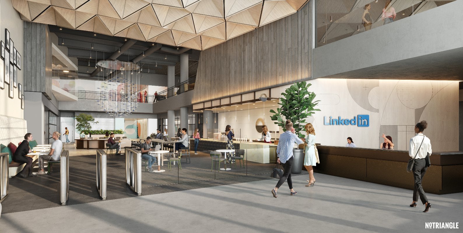 3D rendering of the lobby at LinkedIn's new headquarters in Palo Alto, featuring modern design elements, spacious layout, vibrant artwork, and welcoming seating areas