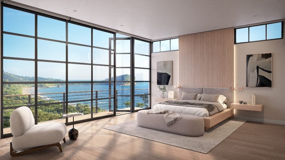 rendering of a bedroom with an ocean view with big glass window