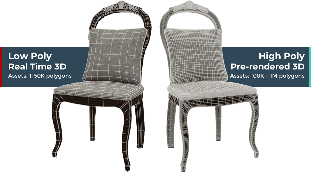 low poly and high poly side by side of a chair