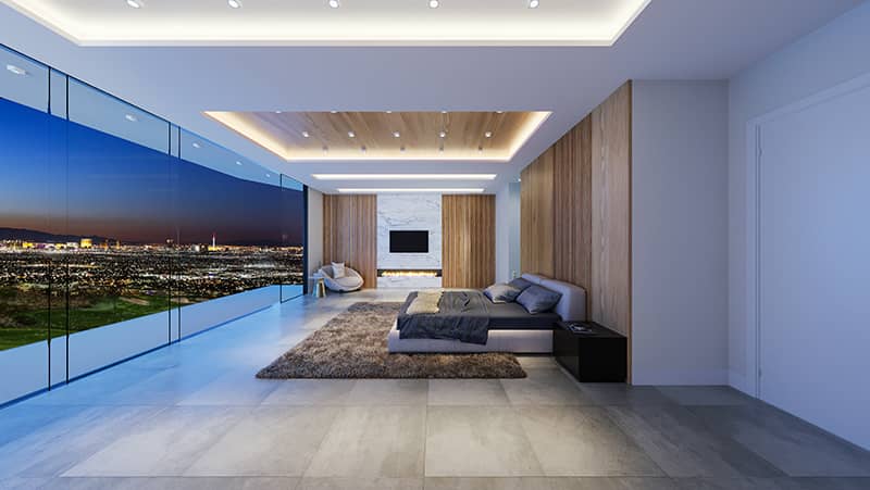 Interior rendering of a bedroom with a panoramic city scape view by night