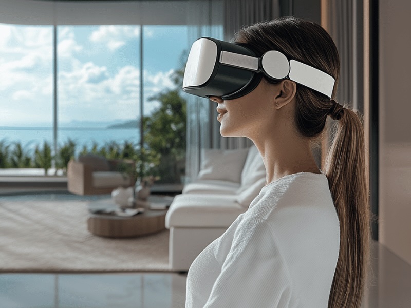 woman in white using virtual reality head set