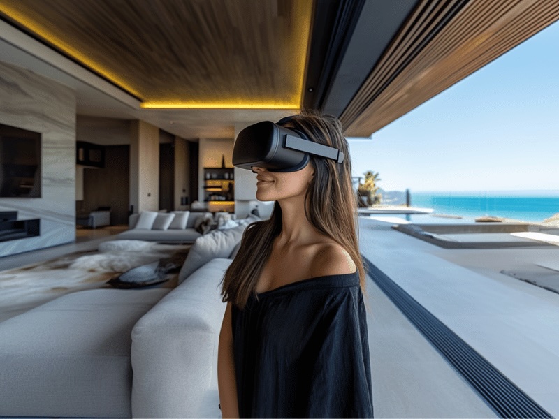 women using virtual reality to view real estate stood in luxury property