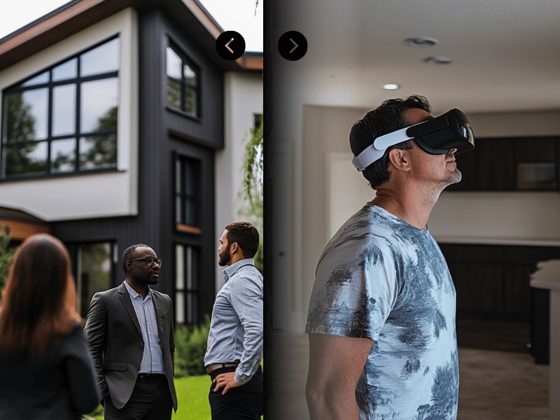 split screen showing man using vr for a property and people talking with an estate agent