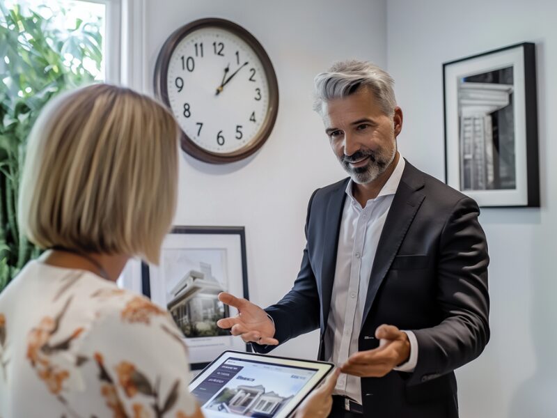 agent discussing a property with a tablet