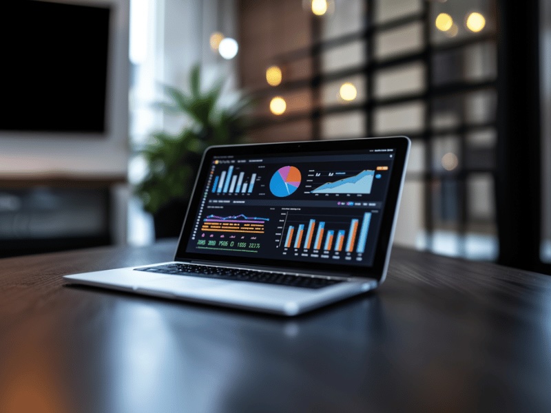 Laptop on a desk showing stats on a screen