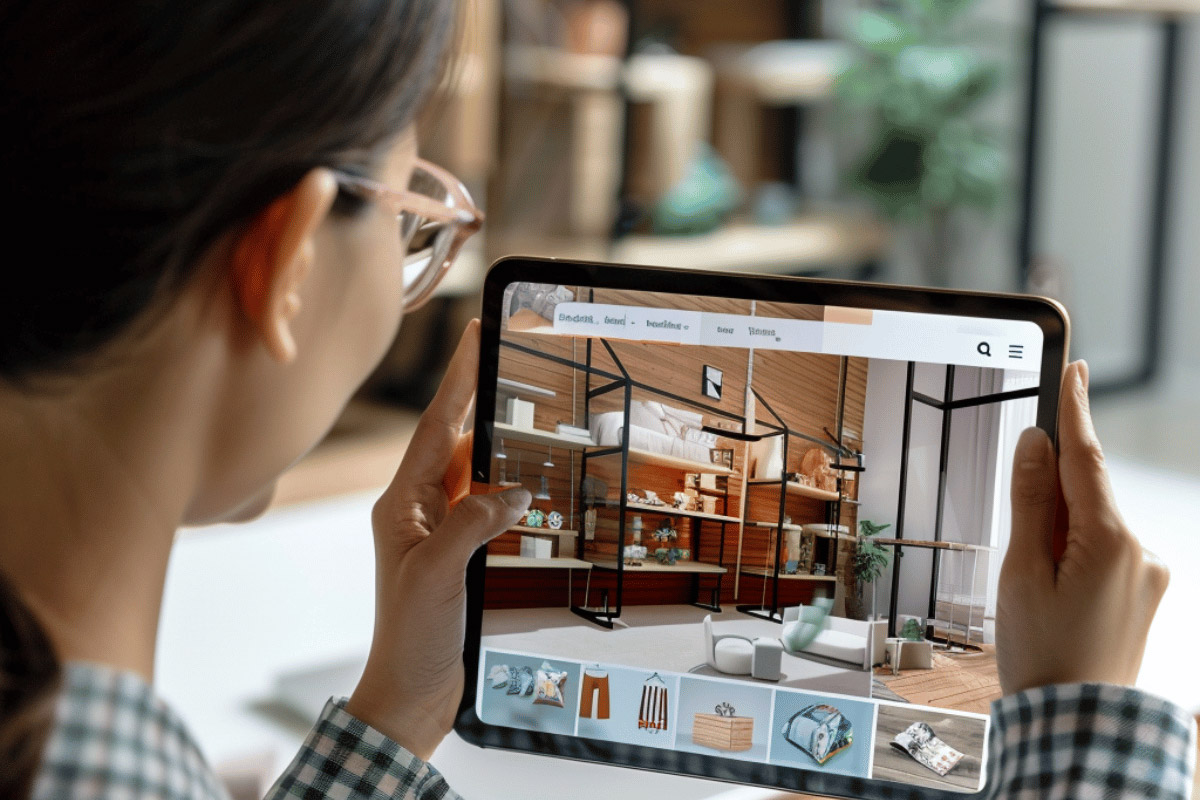 Woman engaging with a 3d e commerce store on a tablet