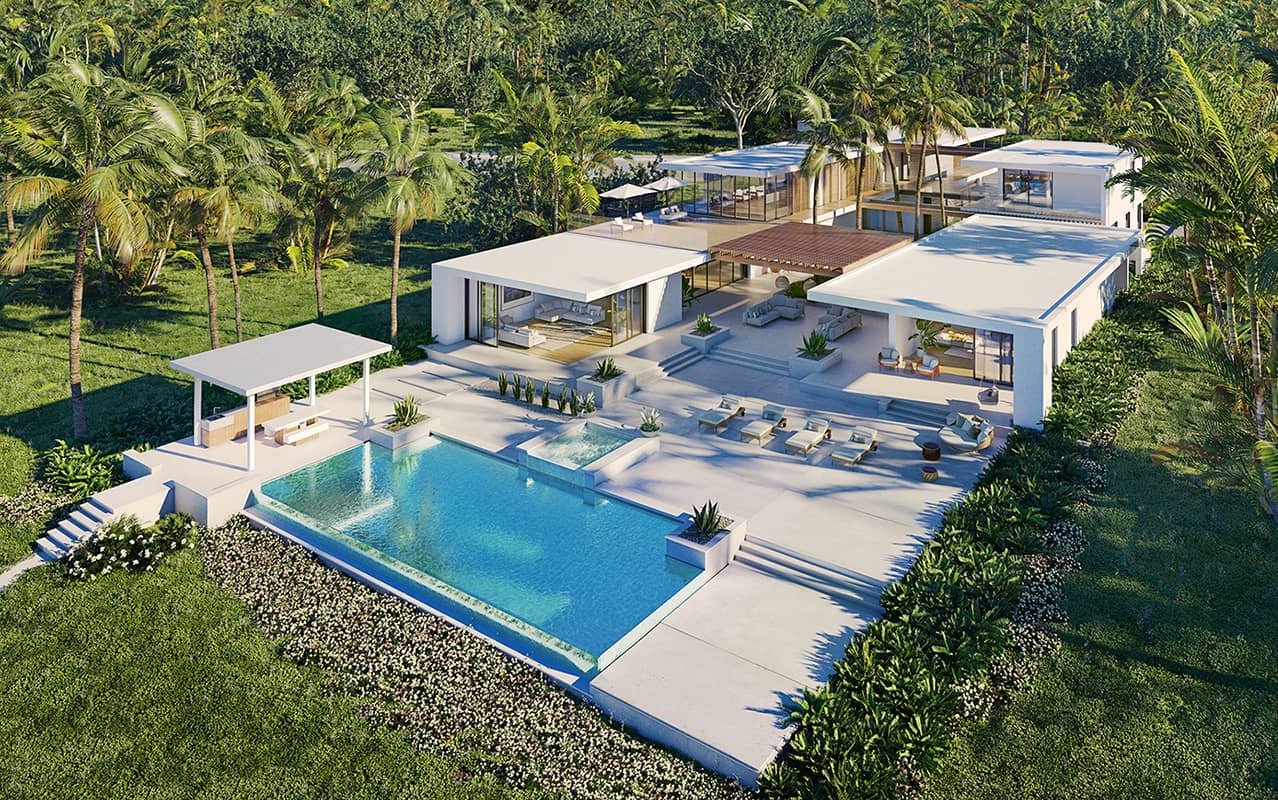 luxury condo rendering with a pool in a green setting