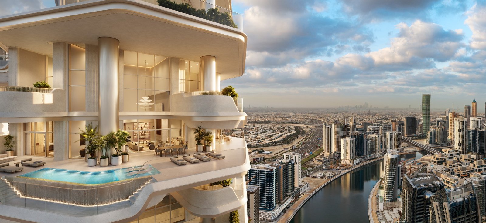 Dubai 3D rendering of a luxury high-rise exterior with balcony pool and skyline view