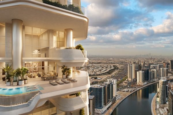 Dubai 3D rendering of a luxury high-rise exterior with balcony pool and skyline view