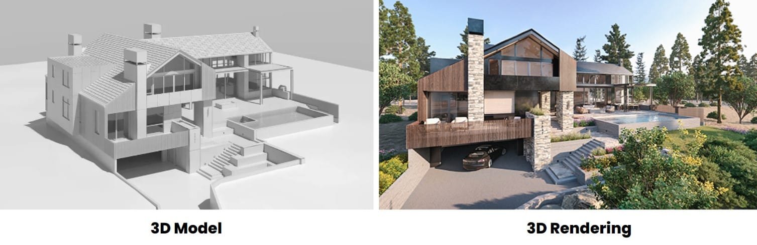 3d model and 3d rendering of a house side by side