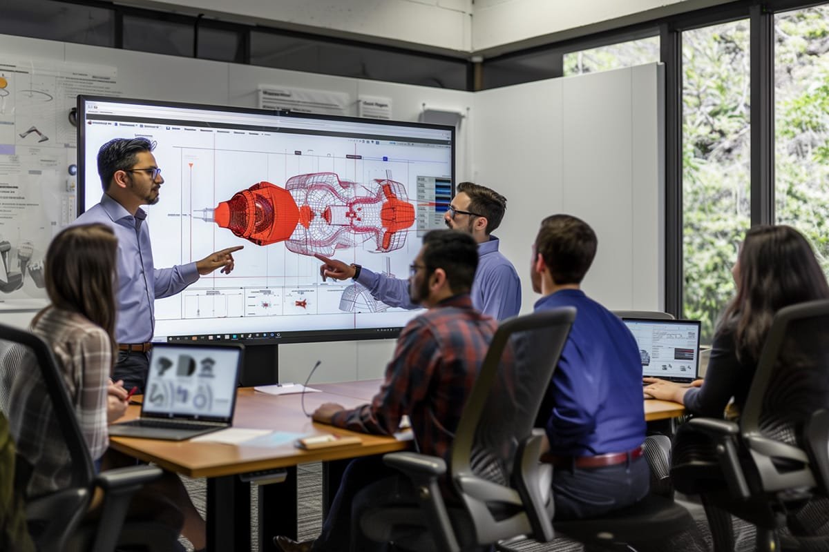 Team Meeting discussing an industrial design rendering