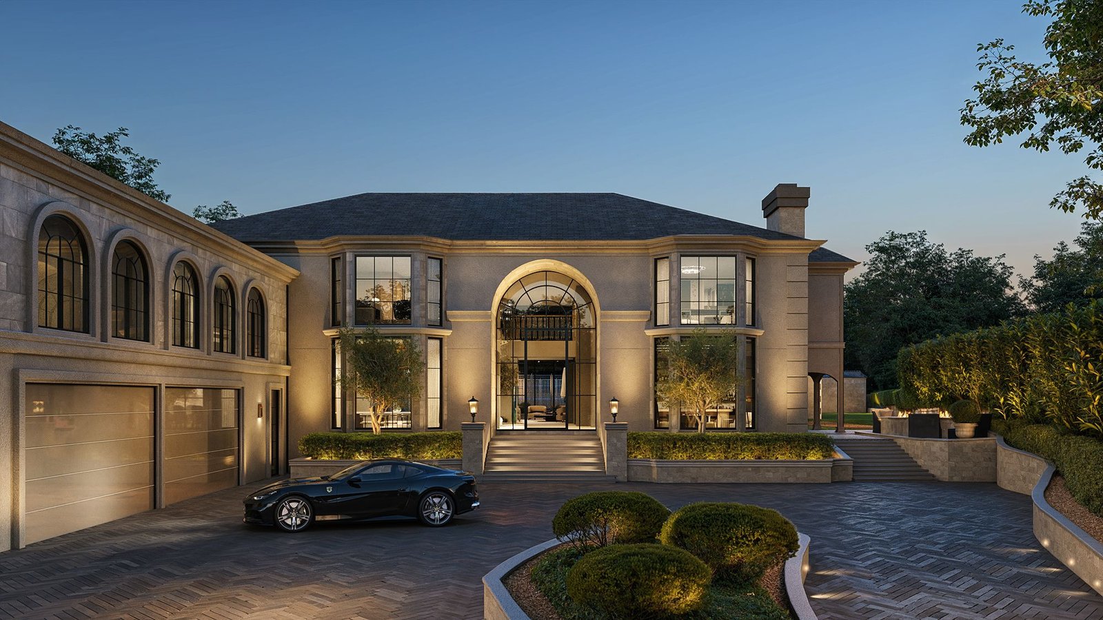 Photorealistic dusk rendering of a luxury home exterior in Los Angeles with architectural lighting, landscaped driveway, and parked sports car.
