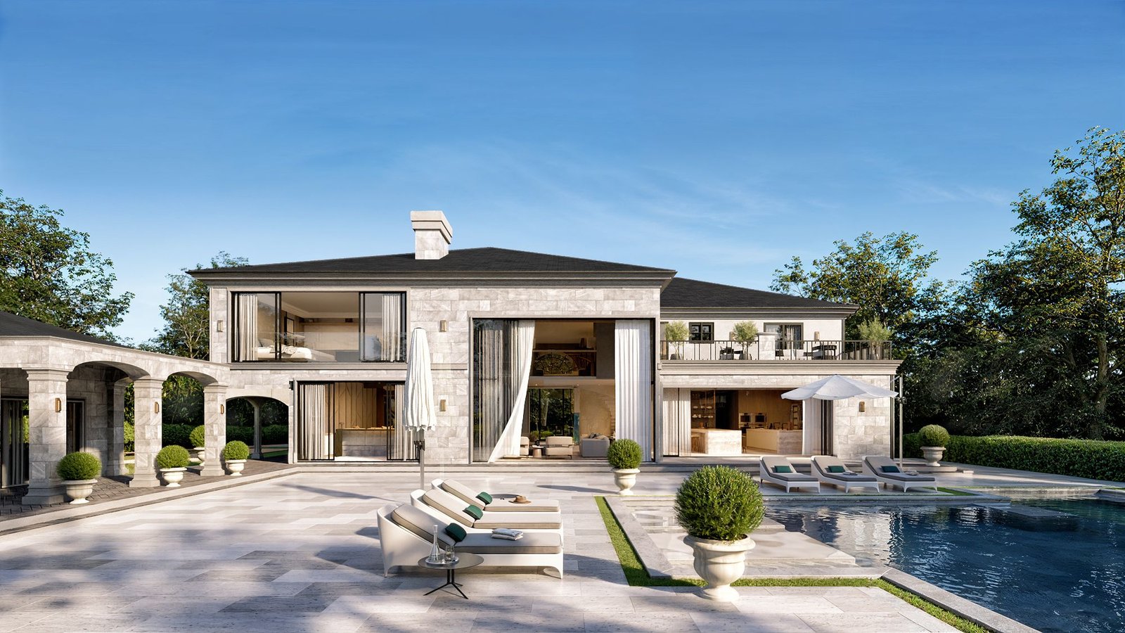 luxury home rear exterior rendering pool los angeles