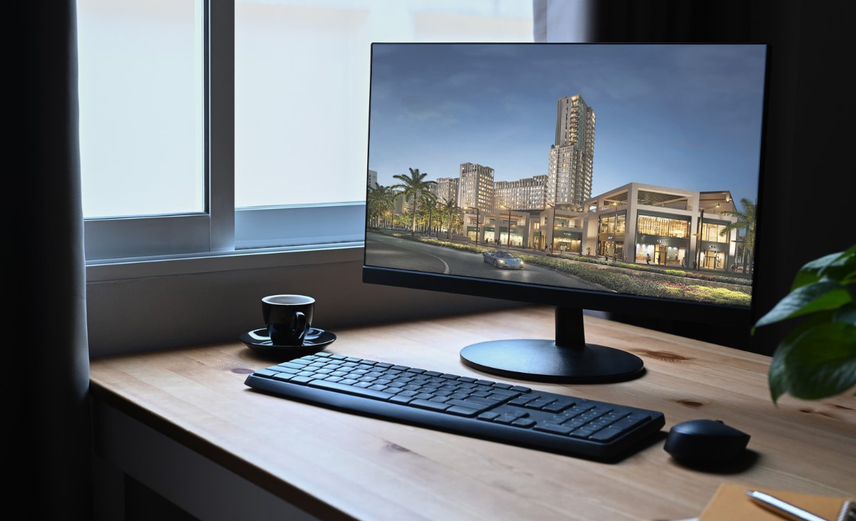 Tips for 3d rendering, desktop computer on desk with rendering on screen