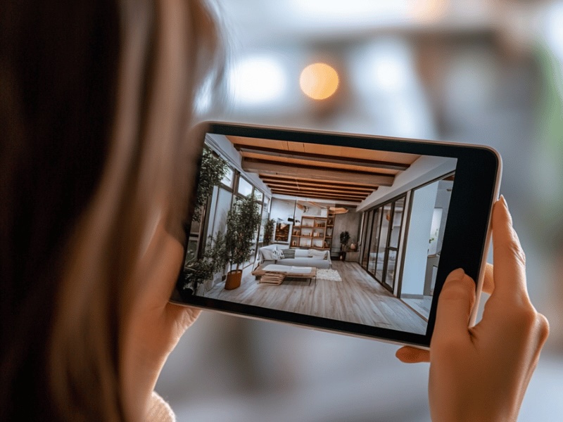 user interacting with a vr tour on a tablet