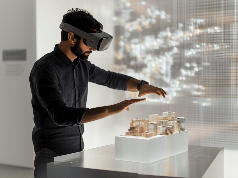 A designer interacting with a fully realized 3D model of a product within a virtual environment