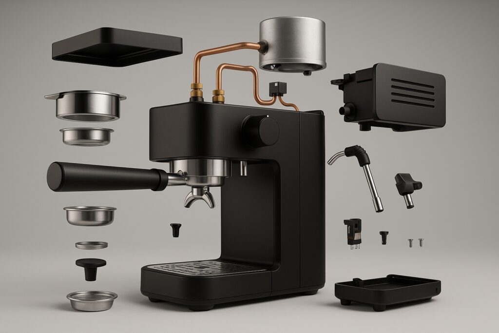 exploded view of a coffee machine to represent what is a coffee machine
